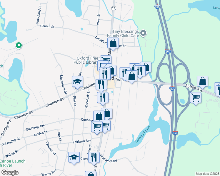 map of restaurants, bars, coffee shops, grocery stores, and more near 286 Main Street in Oxford