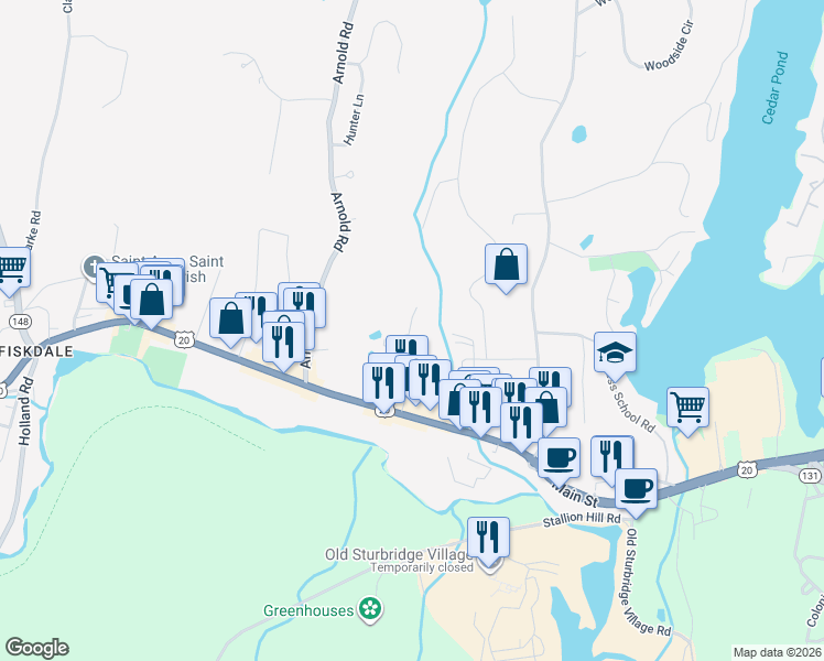 map of restaurants, bars, coffee shops, grocery stores, and more near 7 Crescent Way in Sturbridge