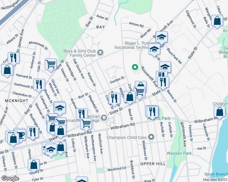 map of restaurants, bars, coffee shops, grocery stores, and more near 6 State Street Terrace in Springfield
