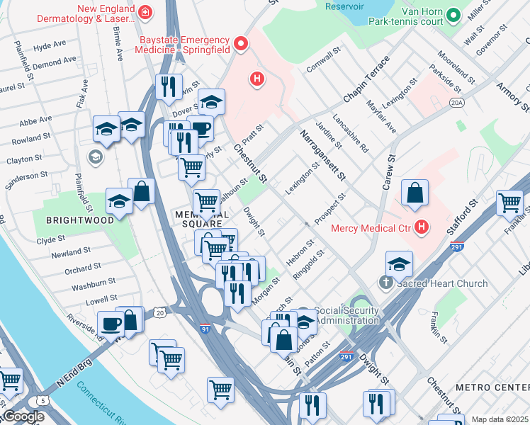 map of restaurants, bars, coffee shops, grocery stores, and more near 1353 Dwight Street in Springfield