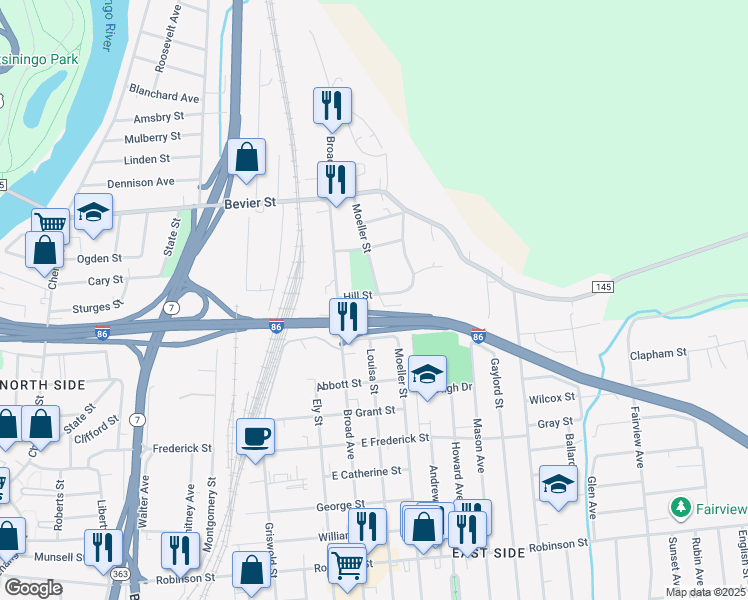 map of restaurants, bars, coffee shops, grocery stores, and more near State Highway 17 in Binghamton