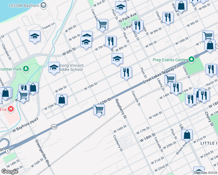 map of restaurants, bars, coffee shops, grocery stores, and more near 1125 West 11th Street in Erie