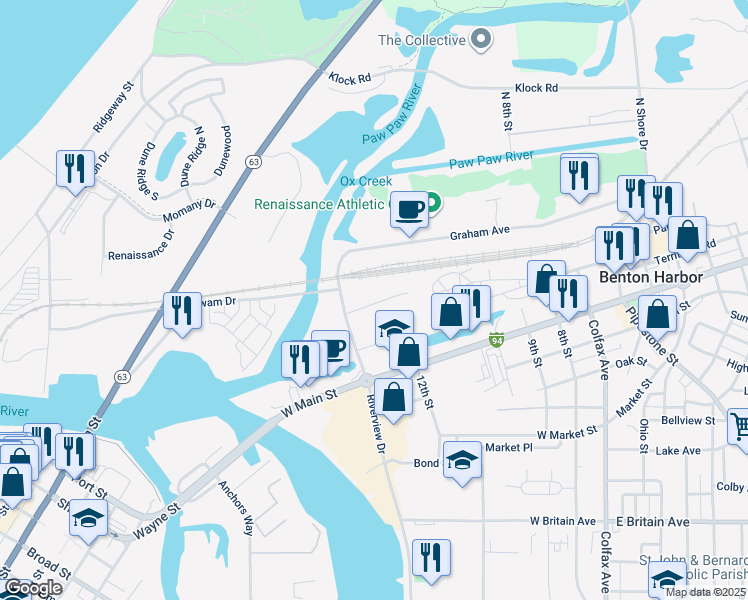 map of restaurants, bars, coffee shops, grocery stores, and more near 151 Riverview Drive in Benton Harbor