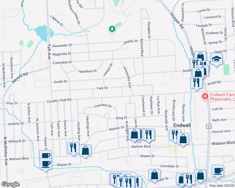 map of restaurants, bars, coffee shops, grocery stores, and more near 2820 Country Club Road in Endicott