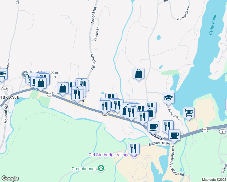 map of restaurants, bars, coffee shops, grocery stores, and more near 7 Crescent Way in Sturbridge