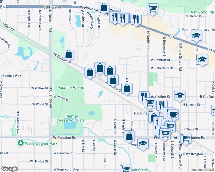 map of restaurants, bars, coffee shops, grocery stores, and more near 440 West Mahogany Court in Palatine
