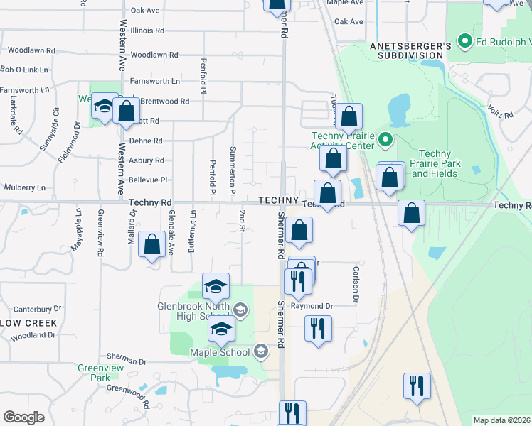 map of restaurants, bars, coffee shops, grocery stores, and more near 2041 Techny Road in Northbrook
