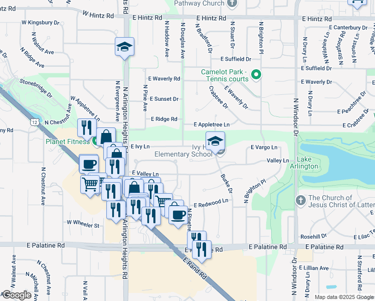 map of restaurants, bars, coffee shops, grocery stores, and more near 606 East Crestwood Drive in Arlington Heights