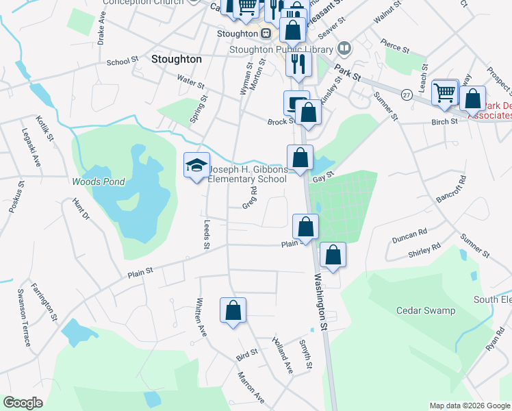 map of restaurants, bars, coffee shops, grocery stores, and more near 36 Rogers Drive in Stoughton