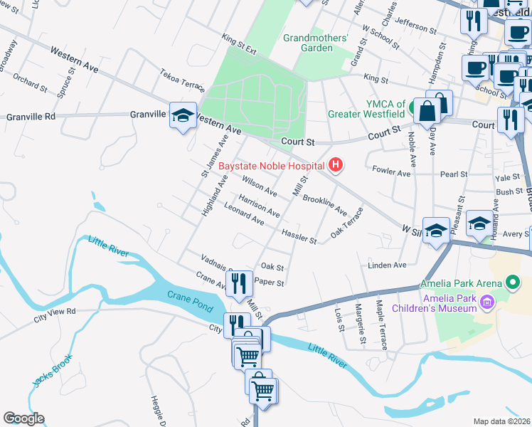 map of restaurants, bars, coffee shops, grocery stores, and more near 41 Mill Street in Westfield