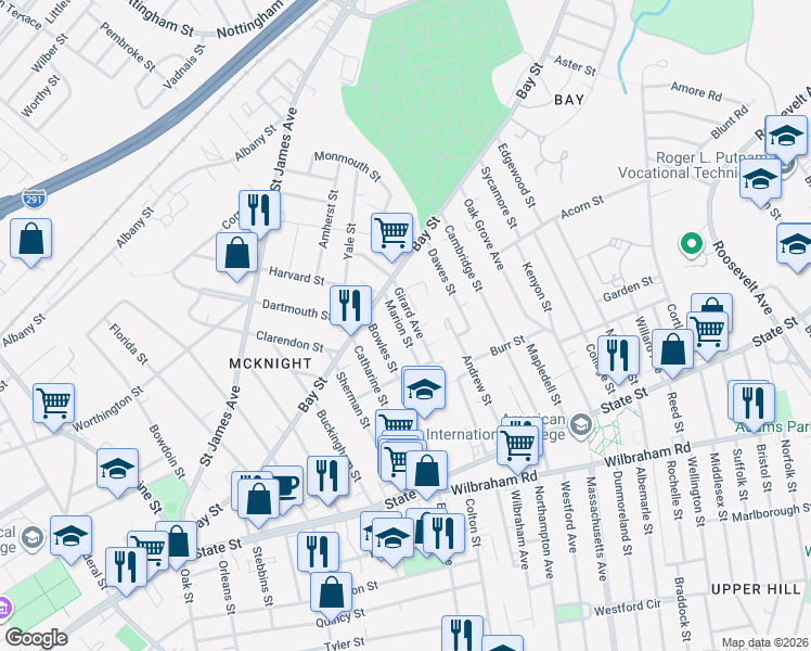 map of restaurants, bars, coffee shops, grocery stores, and more near 142 Marion Street in Springfield