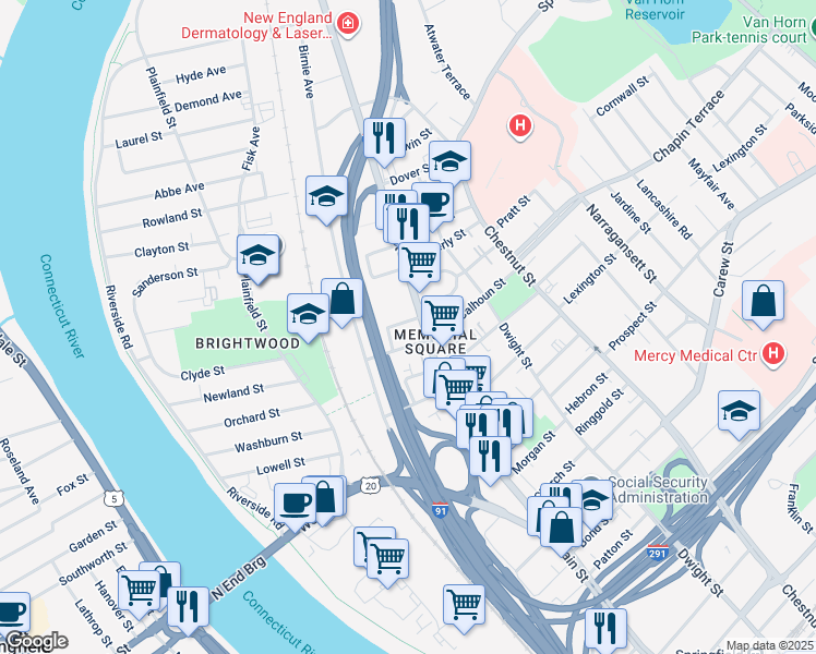 map of restaurants, bars, coffee shops, grocery stores, and more near 26 Huntington Street in Springfield