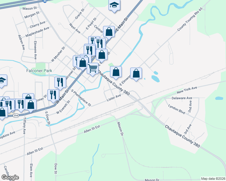 map of restaurants, bars, coffee shops, grocery stores, and more near 109 Lister Avenue in Falconer