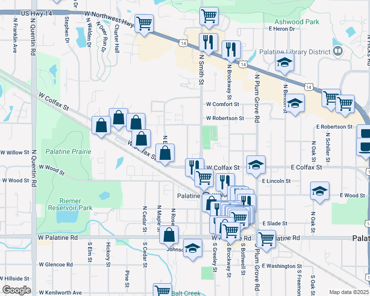 map of restaurants, bars, coffee shops, grocery stores, and more near 250 North Carter Street in Palatine
