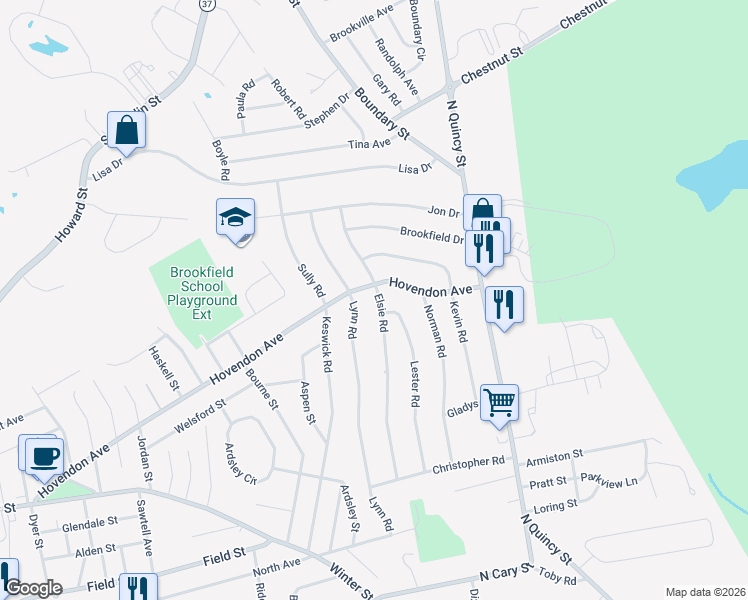 map of restaurants, bars, coffee shops, grocery stores, and more near 145 Elsie Road in Brockton