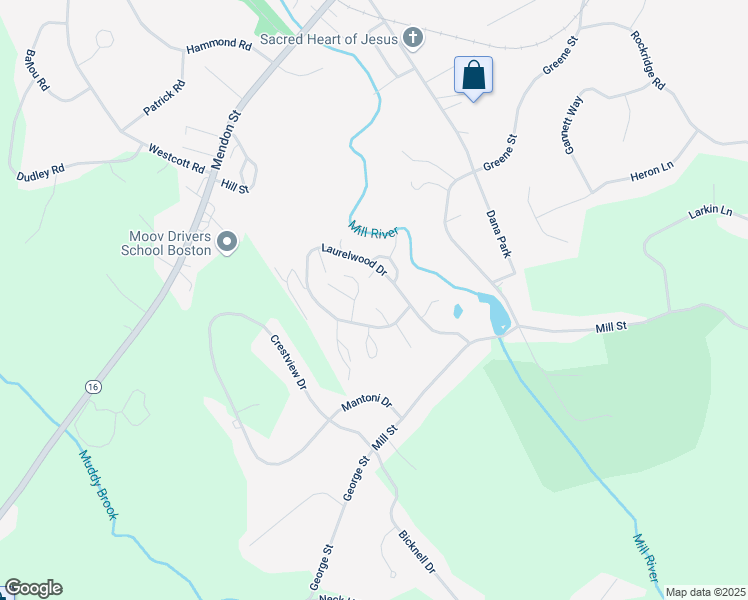 map of restaurants, bars, coffee shops, grocery stores, and more near 127 Laurelwood Drive in Hopedale