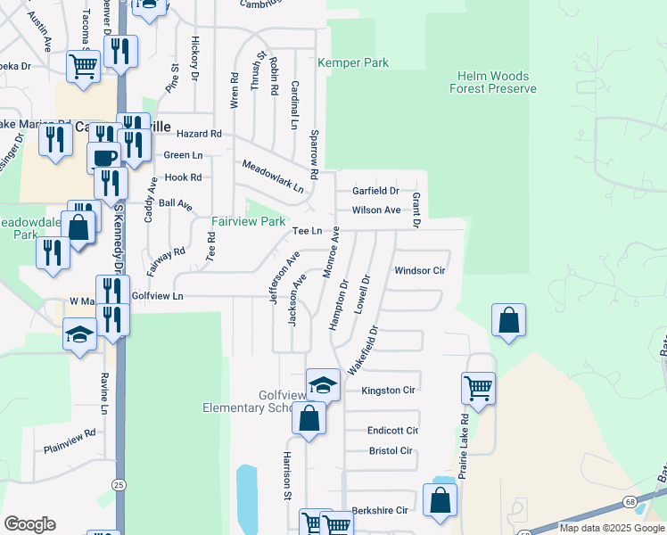 map of restaurants, bars, coffee shops, grocery stores, and more near 825 Monroe Avenue in Carpentersville