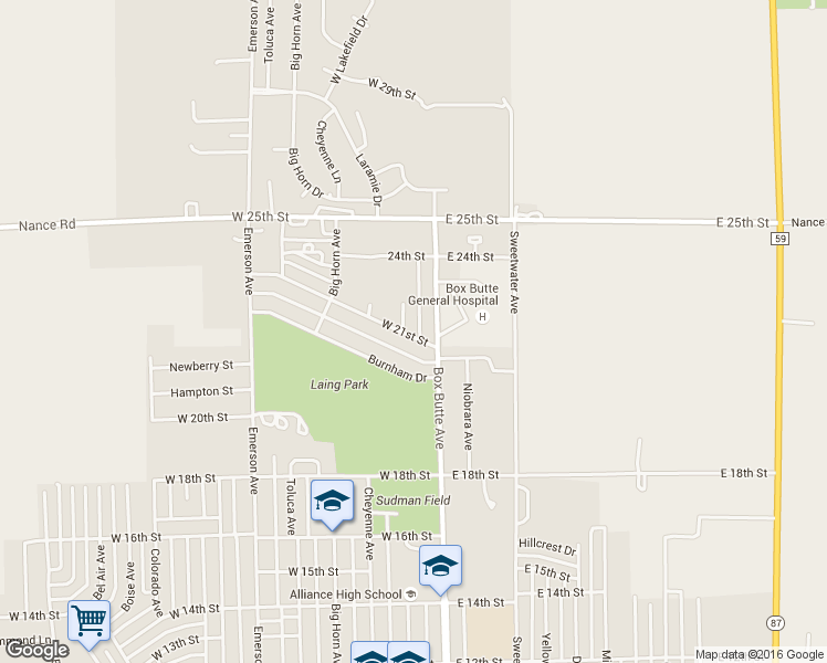 map of restaurants, bars, coffee shops, grocery stores, and more near 130 West 21st Street in Alliance