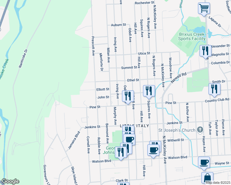 map of restaurants, bars, coffee shops, grocery stores, and more near 501 Irving Avenue in Endicott