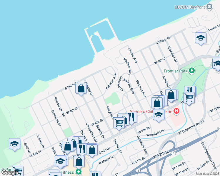 map of restaurants, bars, coffee shops, grocery stores, and more near 431 Superior Avenue in Erie