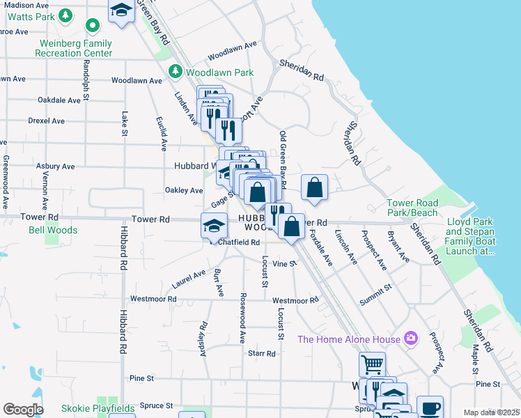 map of restaurants, bars, coffee shops, grocery stores, and more near 903 Green Bay Road in Winnetka