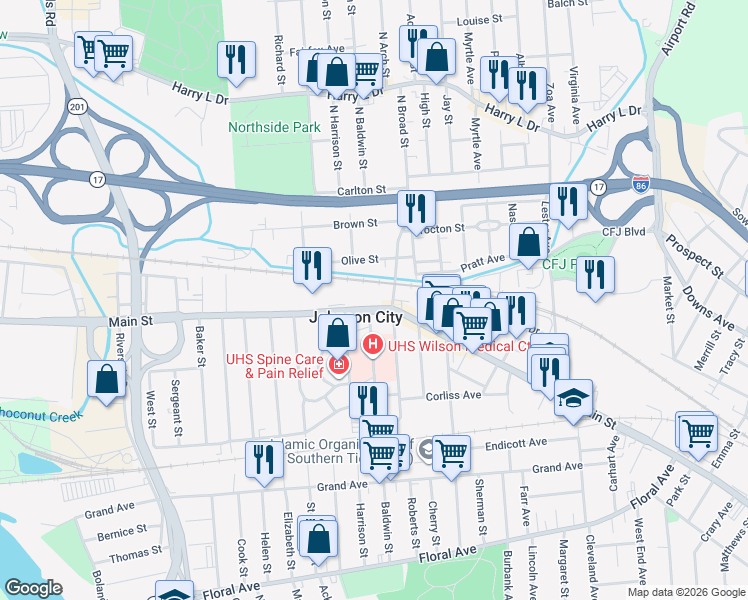 map of restaurants, bars, coffee shops, grocery stores, and more near 307 Main Street in Johnson City