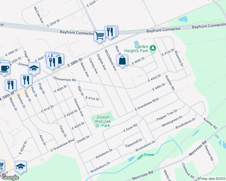 map of restaurants, bars, coffee shops, grocery stores, and more near 4215-4221 Carney Avenue in Erie