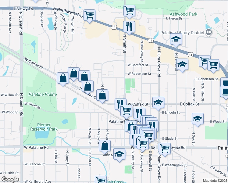 map of restaurants, bars, coffee shops, grocery stores, and more near 250 North Carter Street in Palatine