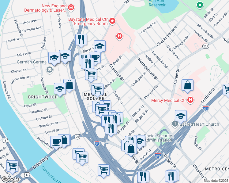 map of restaurants, bars, coffee shops, grocery stores, and more near 1353 Dwight Street in Springfield