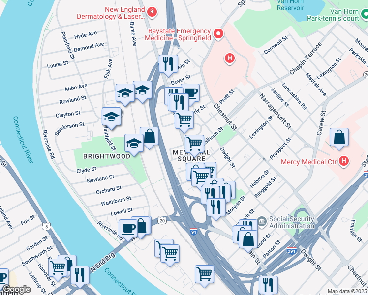 map of restaurants, bars, coffee shops, grocery stores, and more near 26 Huntington Street in Springfield
