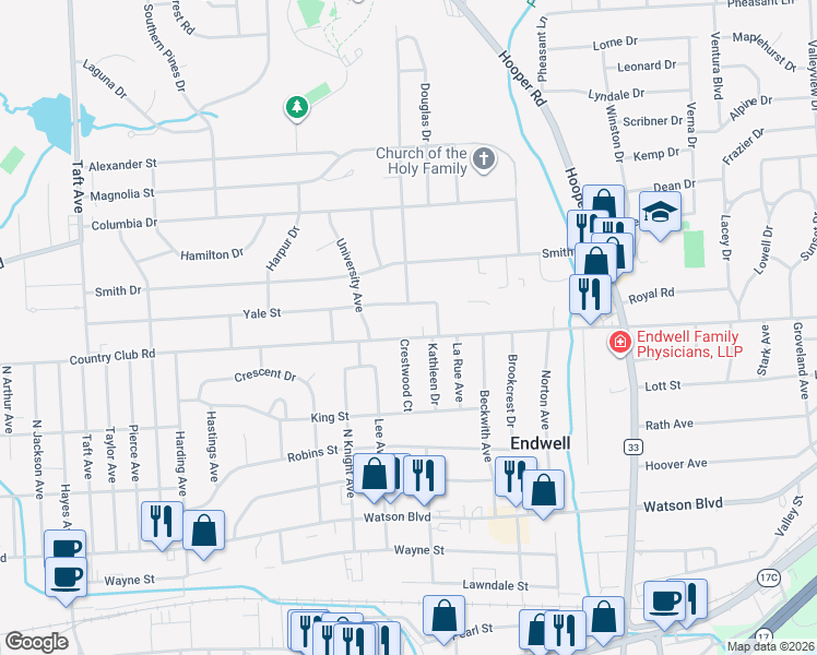 map of restaurants, bars, coffee shops, grocery stores, and more near 418 Crestwood Court in Endicott