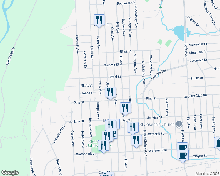map of restaurants, bars, coffee shops, grocery stores, and more near 406 Oak Hill Avenue in Endicott