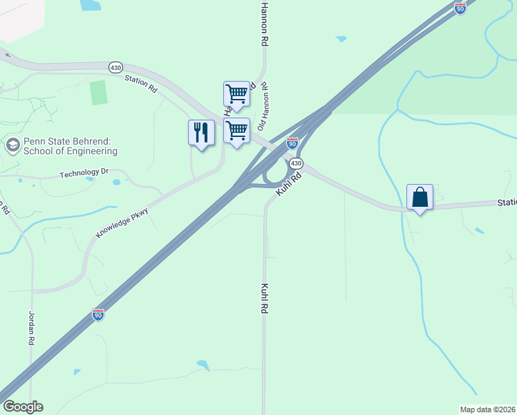 map of restaurants, bars, coffee shops, grocery stores, and more near 5324 Kuhl Road in Erie