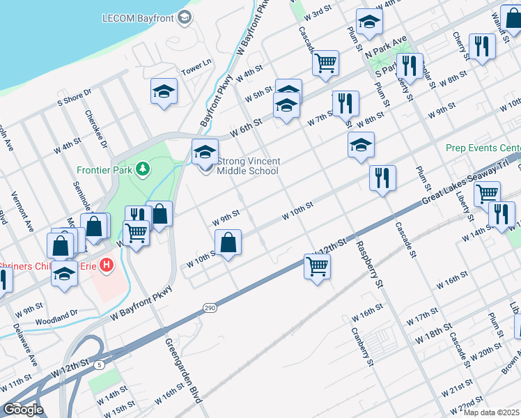 map of restaurants, bars, coffee shops, grocery stores, and more near 1262 West 10th Street in Erie