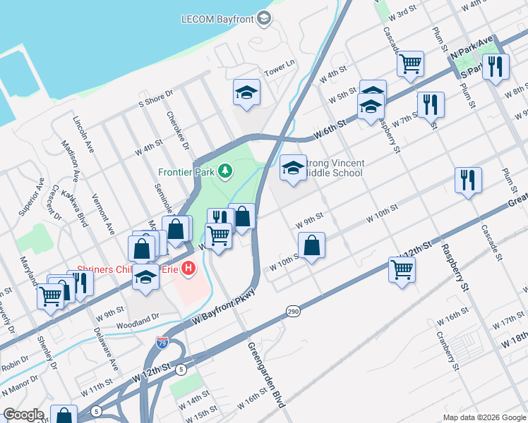 map of restaurants, bars, coffee shops, grocery stores, and more near 1425 W 8th St in Erie