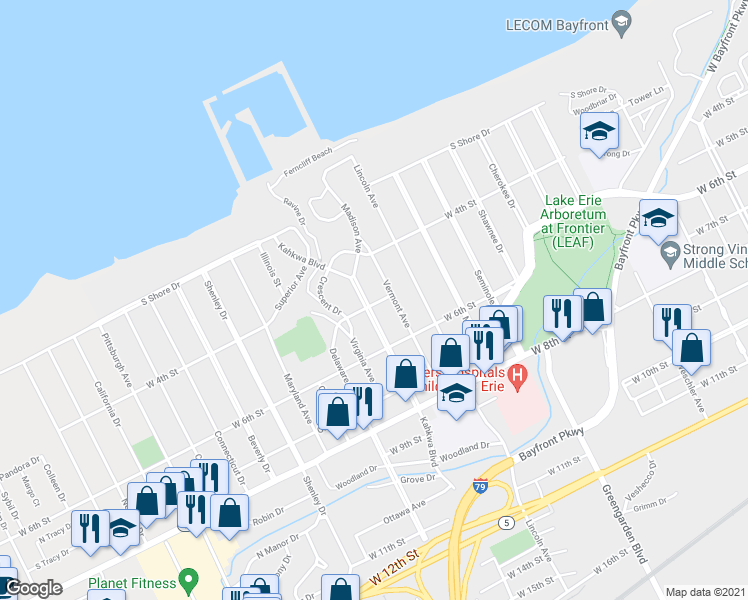 map of restaurants, bars, coffee shops, grocery stores, and more near 525 Kahkwa Boulevard in Erie