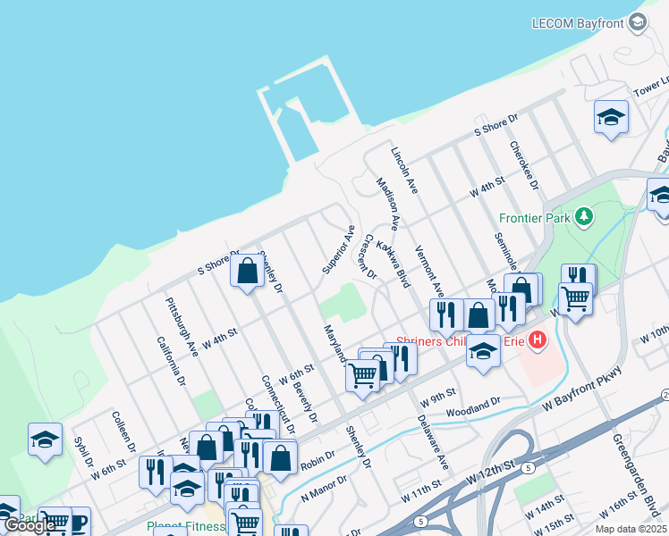 map of restaurants, bars, coffee shops, grocery stores, and more near 431 Superior Avenue in Erie
