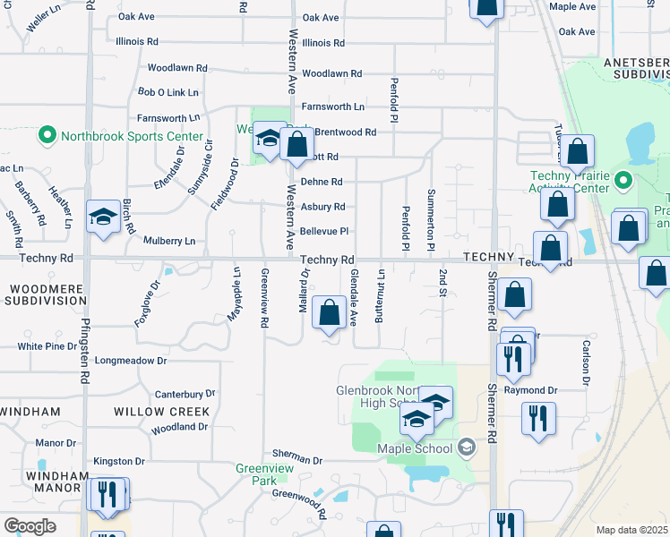 map of restaurants, bars, coffee shops, grocery stores, and more near 2060 Cargill Drive in Northbrook