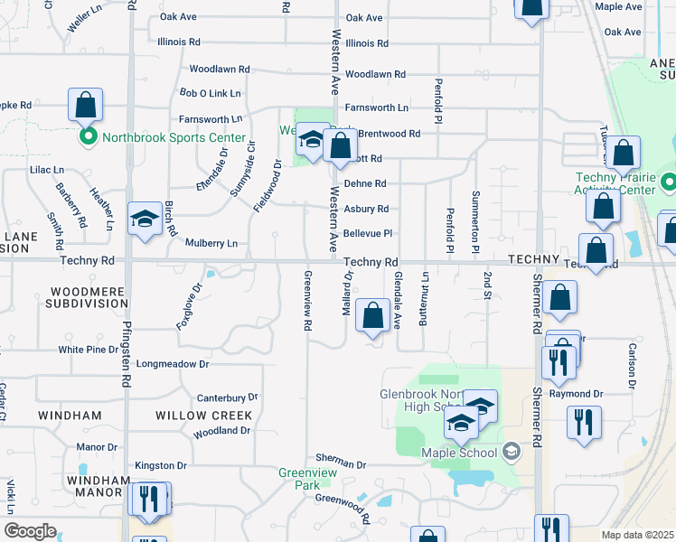map of restaurants, bars, coffee shops, grocery stores, and more near 2030 Mallard Drive in Northbrook