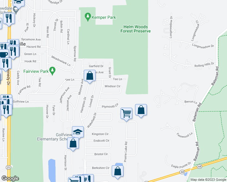 map of restaurants, bars, coffee shops, grocery stores, and more near 1437 Windsor Circle in Carpentersville