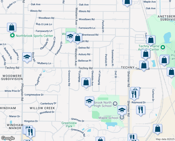 map of restaurants, bars, coffee shops, grocery stores, and more near 2060 Cargill Drive in Northbrook