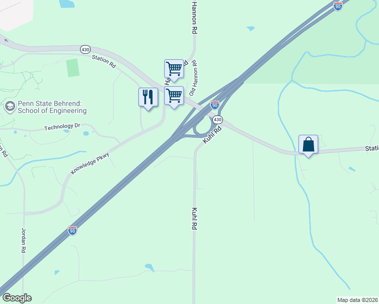 map of restaurants, bars, coffee shops, grocery stores, and more near 5324 Kuhl Road in Erie