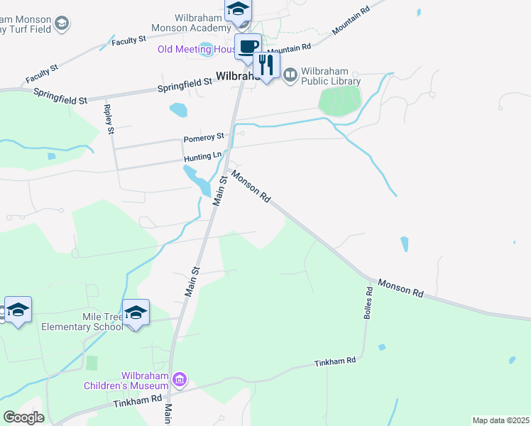 map of restaurants, bars, coffee shops, grocery stores, and more near 2 Federal Lane in Wilbraham