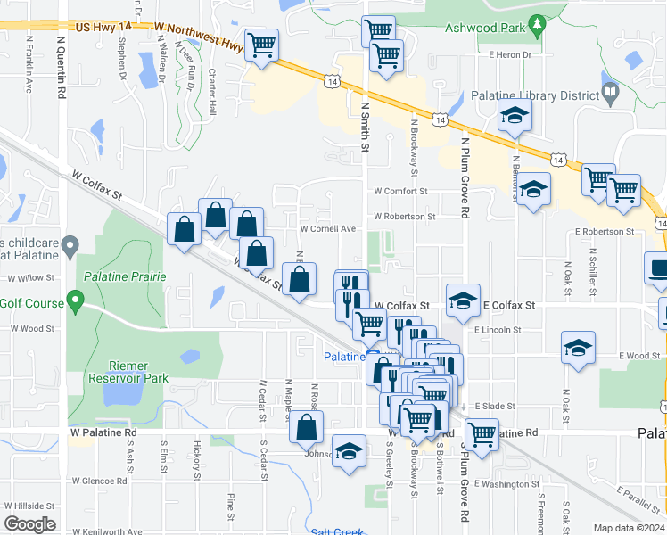map of restaurants, bars, coffee shops, grocery stores, and more near 304 North Carter Street in Palatine