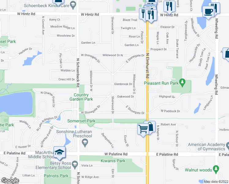 map of restaurants, bars, coffee shops, grocery stores, and more near 911 Sherwood Drive in Prospect Heights