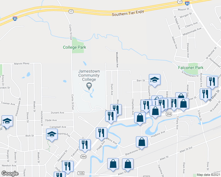 map of restaurants, bars, coffee shops, grocery stores, and more near 47 Dunn Avenue in Jamestown