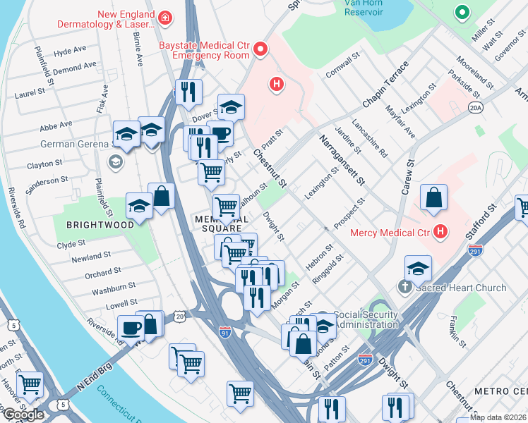 map of restaurants, bars, coffee shops, grocery stores, and more near 1353 Dwight Street in Springfield