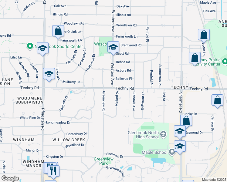 map of restaurants, bars, coffee shops, grocery stores, and more near 2030 Mallard Drive in Northbrook