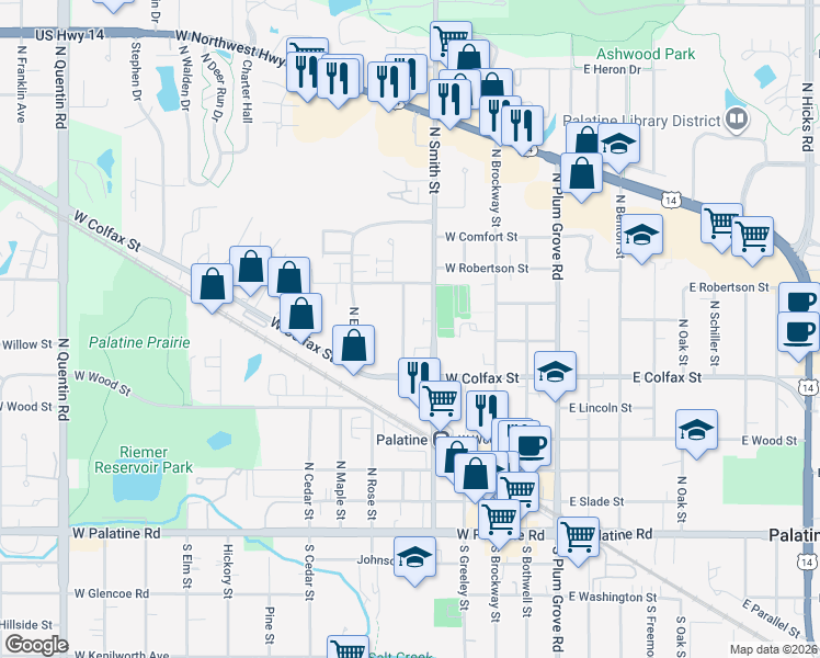 map of restaurants, bars, coffee shops, grocery stores, and more near 330 North Carter Street in Palatine