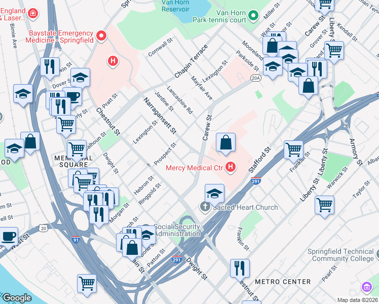 map of restaurants, bars, coffee shops, grocery stores, and more near 46 Massasoit Place in Springfield